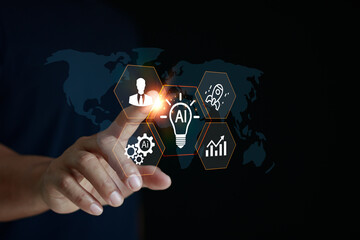 Businessman hand touching with AI virtual interface. Idea, gear automation, rocket growth chart. Artificial intelligence, new product development, startup business, innovation and scalable growth.