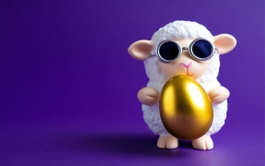 Fototapeta premium Cute Lamb Figurine Wearing Sunglasses Holding Golden Egg on Purple Background
