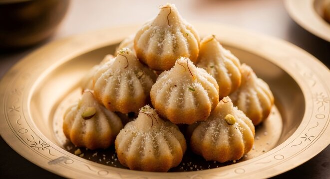 Freshly prepared modak sweet on a golden plate for Ganesh Chaturthi celebration. Traditional Indian dessert for festival and puja offering.