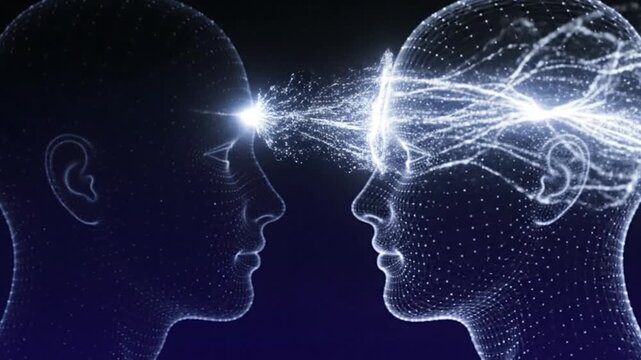 Two stylized human heads, connected by glowing energy beams, against a dark blue background