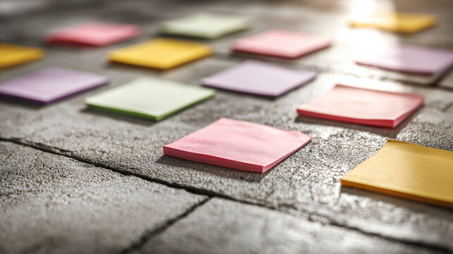 Strategic financial planning board with mortgage rate figures, pastel sticky notes and clean copy space, soft octabox lighting &ndash; photorealistic flat lay
