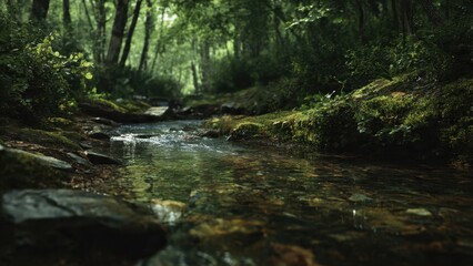 Obraz premium Forest stream flowing through lush greenery