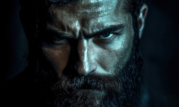 Intense close-up portrait of a bearded man with a stern, determined expression and dramatic lighting