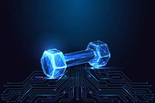AI Fitness and Digital Health Concept with Glowing Dumbbell on Circuit Board, Vector Illustration