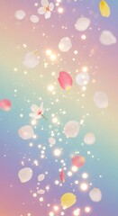 Fototapeta premium Falling flower petals with sparkling bokeh lights on a gradient background. Festive decoration for Ganesha Chaturthi celebration.