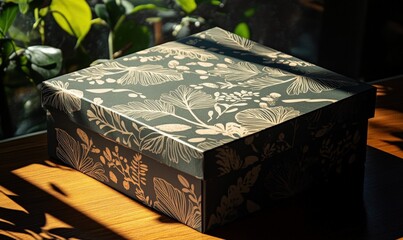 Elegant dark green gift box with botanical pattern illuminated by soft sunlight