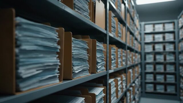 Expansive archive room interior showcasing endless rows of gray metal shelving units packed with manila folders and stacks of paper documents under soft overhead lighting.