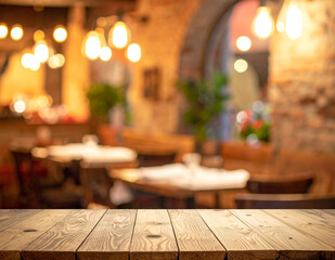 Rustic restaurant interior background with wooden tabletop and warm ambient bokeh lights, perfect for banners and templates.