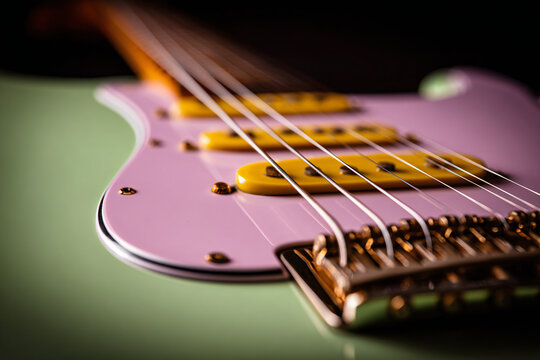 Vintage Fender Stratocaster neck macro shot with resin inlay, chiaroscuro lighting and pastel backdrop, commercial copy space