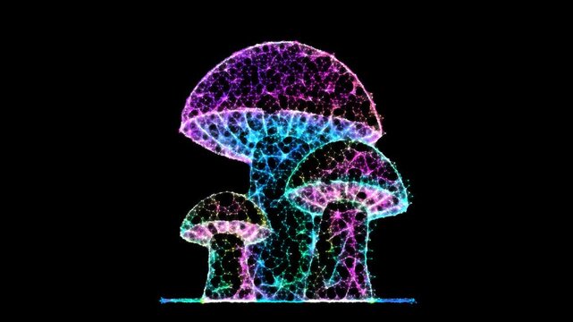 Abstract mushrooms motion graphics, 2 in 1 ( mushrooms geometric animation on black and transparent backgrounds), Seamless Loop, 4K resolution. Codec ProRes 4444 with alpha channel. Not AI Generated	