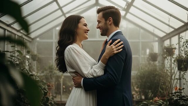 Couple sharing a romantic kiss in a serene greenhouse surrounded by lush greenery and soft natural light