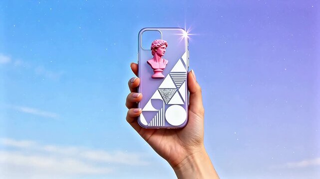 Hand holding phone case with statue design