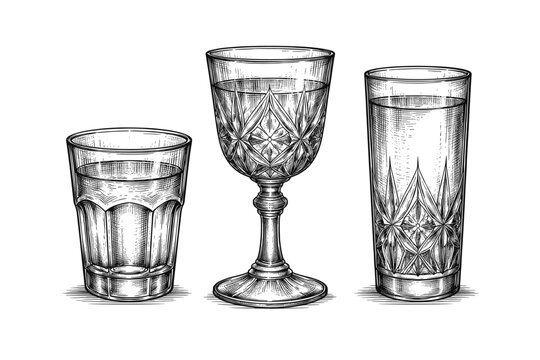 Vintage glassware engraving set, antique crystal glasses and goblet sketch in woodcut style isolated