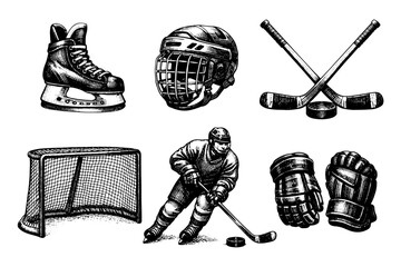 Vintage ice hockey engraving set, antique sports equipment sketch with players, skates, helmet and goal in woodcut style