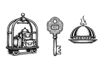 Vintage hotel service engraving set, antique hospitality symbols in woodcut style