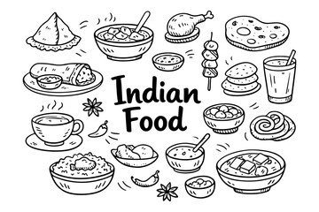 Indian food doodle set, hand drawn traditional cuisine symbols, curry, samosa and spicy dishes illustration in line art style