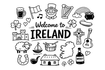 Naklejka premium Ireland travel doodle set, hand drawn Dublin city symbols and Irish culture icons in line art style