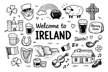 Naklejka premium Ireland travel doodle set, hand drawn Dublin city symbols and Irish culture icons in line art style
