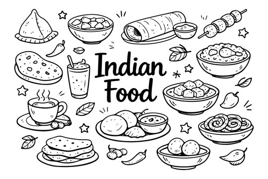 Indian food doodle set, hand drawn traditional cuisine symbols, curry, samosa and spicy dishes illustration in line art style