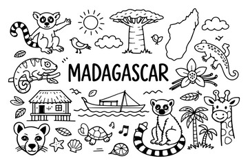 Madagascar travel doodle set, hand drawn exotic animals, lemur, baobab tree and tropical nature illustration in line art style