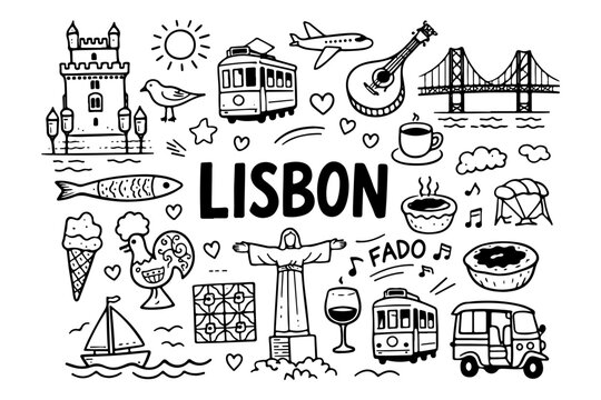 Lisbon Portugal travel doodle set, hand drawn portuguese landmarks, yellow tram, fado music and traditional food in line art style