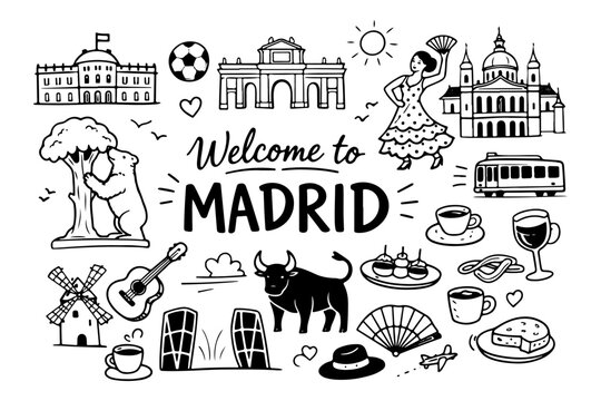 Madrid Spain travel doodle set, hand drawn spanish landmarks, cultural symbols, flamenco and traditional food in line art style