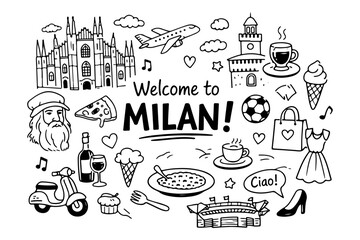 Milan Italy travel doodle set, hand drawn city landmarks, fashion symbols, italian food in line art style