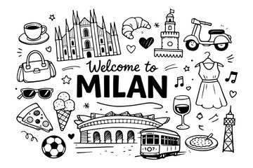 Milan Italy travel doodle set, hand drawn city landmarks, fashion symbols, italian food in line art style