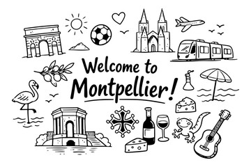 Montpellier France travel doodle set, hand drawn occitanie landmarks, mediterranean lifestyle and city symbols in line art style