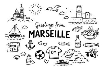 Marseille France travel doodle set, hand drawn provence landmarks, mediterranean sea symbols and traditional food in line art style