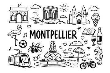 Montpellier France travel doodle set, hand drawn occitanie landmarks, mediterranean lifestyle and city symbols in line art style