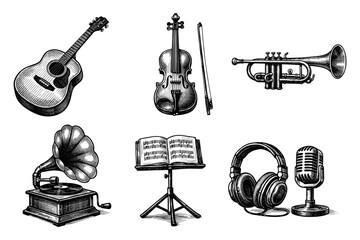 Vintage musical instruments engraving set, antique sketch in woodcut style