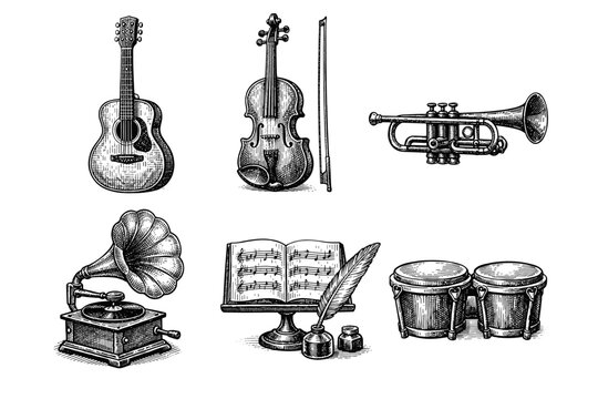Vintage musical instruments engraving set, antique sketch in woodcut style