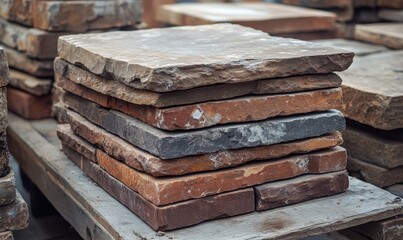 Stack of natural stone pavers with rough edges, ready for landscaping projects