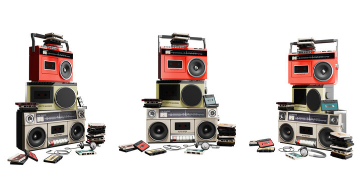 Multiple views of vintage boombox stack and colorful cassette, tapes on transparent background