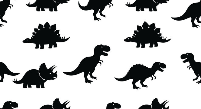 Seamless dinosaur silhouette pattern &mdash; T-rex stegosaurus triceratops solid black cutout cute repeat vector on white
