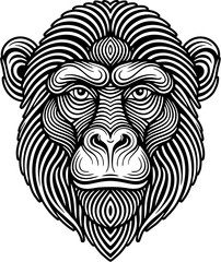 Obraz premium Stylized Chimpanzee Head Line Art Illustration, Black and White Tribal Primate Design
