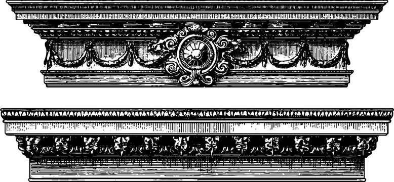 Classical cornice and dentils engraving set for architectural design