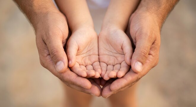Adult hands gently cupping a child's small open hands in a gesture of care.