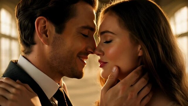 A couple shares a romantic kiss in an elegant room with soft lighting