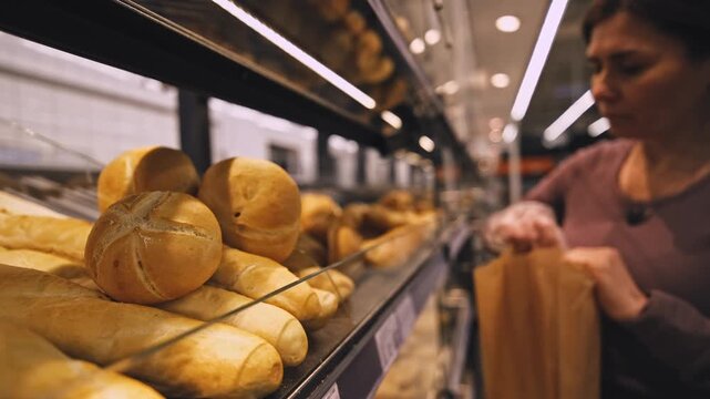 Girl Puts The Buns In A Bag While Shopping In The Supermarket Bakery Section