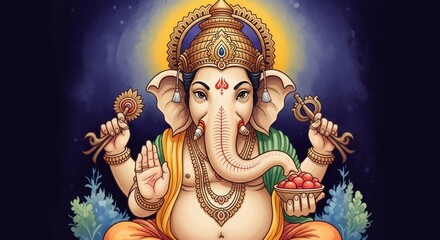 Obraz premium God Ganesha illustration sitting with a halo around his head. Deity art for Ganesh Chaturthi celebration and Hindu religious concept.