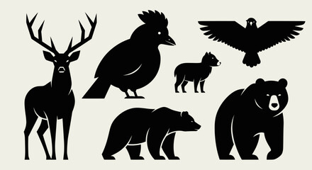 Fototapeta premium Collection of Diverse Animal Silhouettes Including Deer Bear Rooster Eagle and Sheep.