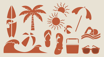 Collection of Summer and Beach Themed Silhouettes for Vacation Fun. © Tomo