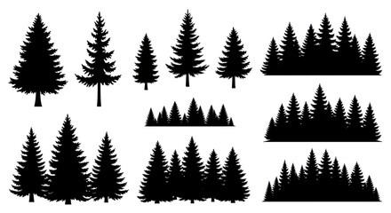 Obraz premium Collection of various pine tree silhouettes and forest landscapes.