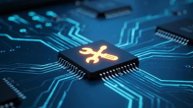 Macro view of a computer microchip with a glowing orange wrench and screwdriver icon. The circuit board has intricate blue illuminated pathways.