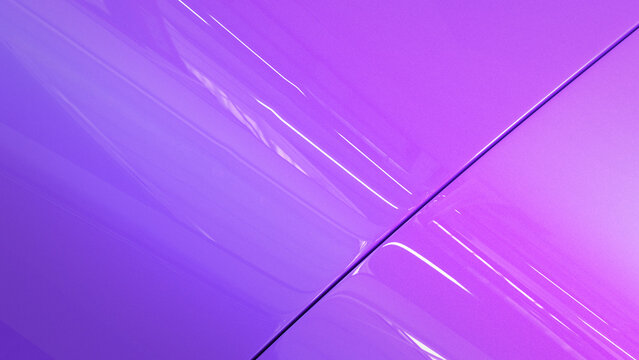 Glossy purple automotive paint surface 3d render with metallic flake texture. Diagonal split line across reflective car body panel for luxury design background or modern wallpaper