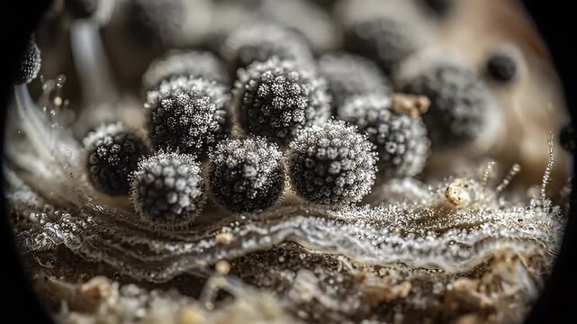 Macro close up video of mold growth on surface.