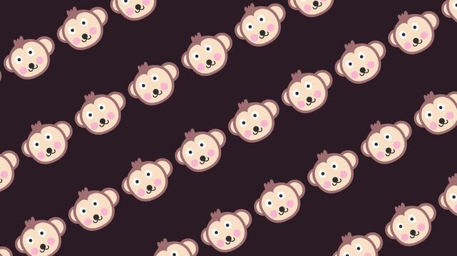 Seamless pattern with adorable monkey faces cartoon on repeating background animation. Flat design cute animal wallpaper for nursery and kids' banner video element concept. Animal character backdrop.
