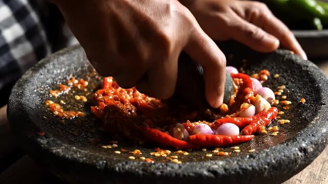 Close-Up of Hands Grinding Chilies, Shallots, and Spices in Mortar and Pestle, Making Fresh Sambal Paste
